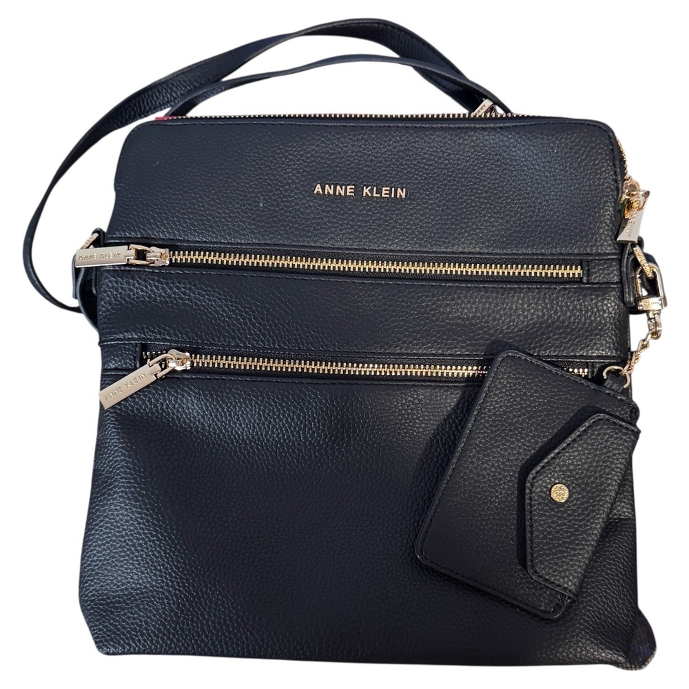 Anne Klein Black Faux Leather Crossbody Shoulder Bag‎ with Card Holder